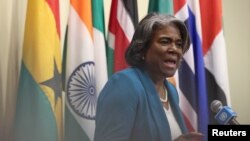 2022年11月2日，美国驻联合国大使琳达·托马斯-格林菲尔德在安理会成员国非正式会议“阿里亚会议”上发言。（路透社照片）
