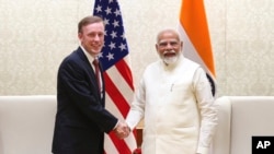 FILE - Indian Prime Minister Narendra Modi greets White House national security adviser Jake Sullivan in New Delhi, June 17, 2024. Sullivan will visit India next week to emphasize U.S.-India ties, the White House said Jan. 3, 2024. (Indian prime minister's office via AP)