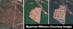 Images sourced from Google Earth from 2021, 2022 and 2023 show the development of a new prison Mawlamyine, Mon State, in this image provided by Myanmar Witness.