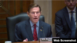 27일 미 상원 국토안보위원회 조사소위원회가 ‘러시아의 우크라이나 침공을 촉진하는 미국 기술’을 주제로 개최한 청문회에서 리처드 블루멘탈 소위원장이 발언하고 있다.