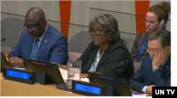 린다 토머스-그린필드 유엔 주재 미국 대사가 4일 유엔 안보리에서 사이버 안보를 주제로 열린 회의에서 발언하고 있다.