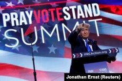 Former U.S. President and Republican presidential candidate Donald Trump addresses the Pray Vote Stand Summit, organized by the Family Research Council in Washington, U.S. September 15, 2023. REUTERS/Jonathan Ernst