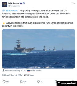 Postingan resmi Kementerian Luar Negeri Rusia di X berupaya untuk mengalihkan kesalahan kepada Barat atas sengketa Laut China Selatan, sehingga menempatkan mereka dalam situasi yang mirip dengan perang di Ukraina.