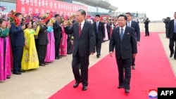 11일 자오러지 전국인민대표대회(전인대) 상무위원장이 평양 순안공항에 도착해 마중 나온 최 위원장의 영접을 받고 있다.