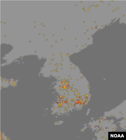 작년 3월 28일~4월 3일 주간의 한반도 가뭄 지수. 올해와 대조적으로 가뭄 피해가 없는 것으로 나타났다. 자료=NOAA