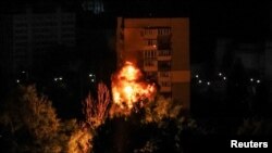 A view of an explosion in Kyiv, Ukraine, from a Russian drone strike, July 13, 2023. 