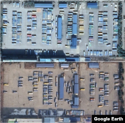 개성공단 내 버스 차고지의 차량 변화. 2017년(위)까진 많던 버스가 2024년(아래)에 크게 줄어든 사실을 알 수 있다. 자료=CNES/Airbus (위), Airbus (아래) (via Google Earth)