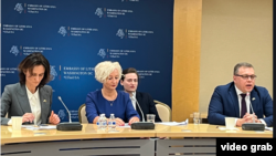 Baltic parliamentary speakers speak to reporters at the Embassy of Lithuania, Jan. 31, 2024. From left, Lithuania's Viktorija Cmilyte-Nielsen, Latvia's Daiga Mieriņa, and Estonia's Lauri Hussar.