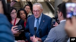 Senate Majority Leader Chuck Schumer discusses next steps for the foreign aid package for Ukraine and Israel after the bipartisan Senate border security bill collapsed, at the Capitol in Washington, Feb. 7, 2024. 
