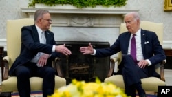 2023年10月25日，拜登总统在华盛顿白宫椭圆形办公室会见澳大利亚总理安东尼·阿尔巴尼斯。（美联社照片）