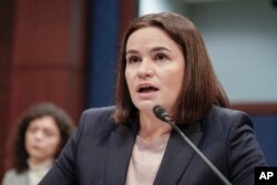 FILE - Sviatlana Tsikhanouskaya, head of the United Transitional Cabinet of Belarus, testifies during a House Foreign Affairs subcommittee meeting about Belarus, on Capitol Hill, in Washington, Dec. 5, 2023.