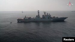 The Russian destroyer Admiral Tributs participates in a joint Russian-Chinese naval exercise in the waters of the Sea of Japan, in this still image taken from video released by the Russian Defense Ministry July 20, 2023.