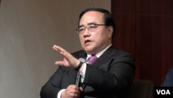 김성한 전 한국 국가안보실장이 12일 워싱턴의 전략국제문제연구소(CSIS)에서 열린 ‘미한일 3국협력 강화’ 토론회에서 발언하고 있다.