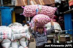 Seorang ibu memanggul dua karung berisi bawang putih di sebuah pasar di Surabaya, 22 Desember 2016. (Foto: Juni Kriswanto/AFP)