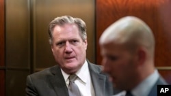 House Intelligence Committee Chair Mike Turner, a Republican from Ohio, steps into an elevator at the Capitol in Washington, Feb. 15, 2024. He was among lawmakers briefed Thursday on intelligence regarding Russia's emerging anti-satellite weaponry.