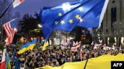 格鲁吉亚民众在首都第比利斯街头举着乌克兰、欧盟和美国的旗帜游行纪念俄乌战争爆发两周年。（2024年2月24日）