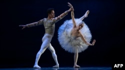 FILE - Mantan anggota Balet Bolshoi Moskow, penari Brazil David Motta (kiri), meninggalkan Rusia karena perang di Ukraina, saat latihan 'Swan Lake' di Teater Kota Rio de Janeiro di Rio de Janeiro, Brazil, 12 Mei 2022. (Mauro PIMENTEL / AFP)