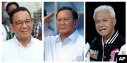 FILE - Foto kombo capres Indonesia, dari kiri, Anies Baswedan, Prabowo Subianto, dan Ganjar Pranowo. (AP)