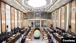 Uzbekistan's President Shavkat Mirziyoyev addresses the National Security Council in Tashkent, Jan. 12, 2024. Mirziyoyev spoke about the need for competitive and credible media, as an antidote to the influence of foreign news outlets. (president.uz)