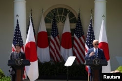 U.S. President Joe Biden and Japanese Prime Minister Fumio Kishida hold a joint press conference in the Rose Garden at the White House in Washington, April 10, 2024.