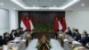 Indonesian Foreign Minister Retno Marsudi, far left, speaks during a bilateral meeting with Chinese Foreign Minister Wang Yi, far right, in Jakarta, Indonesia, April 18, 2024. (Pool via AP)