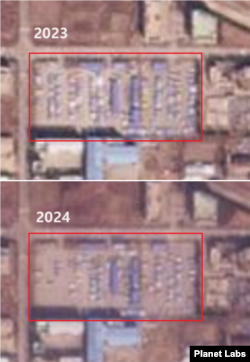 개성공단 버스 차고지(사각형 안)을 촬영한 지난해 2월 21일 자 위성사진(위)와 올해 2월 16일 자 위성사진(아래). 주차된 버스의 수가 1년 만에 크게 줄었다는 사실을 알 수 있다. 사진=Planet Labs