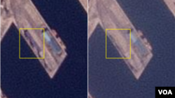 라진항의 북한 전용 부두를 촬영한 7일과 13일 자 위성사진 비교. 7일(왼쪽)에는 부두에 많은 컨테이너(사각형 안)가 쌓여 있지만 13일에는 텅 빈 모습이다. 사진=Planet Labs