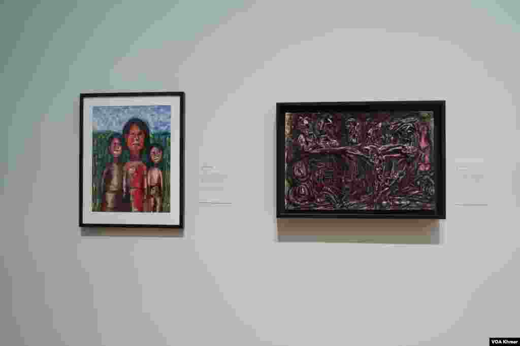 ស្នាដៃសិល្បៈខ្មែរទាំងពីរនេះត្រូវបានដាក់តាំងពិព័រណ៍នៅក្នុងវិចិត្រសាលនៃសាកលវិទ្យាល័យ Michigan ក្នុងក្រុង Ann Arbor ថ្ងៃទី ៥ ខែមេសា ឆ្នាំ២០២៤។ (នីណា យ៉េង/វីអូអេ)