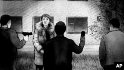 An illustration depicting Olena Yahupova, a Ukrainian civil administrator, being interviewed on camera while outside of the camera view, a Russian soldier points a gun towards her.