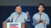 Capres nomor urut 2, Prabowo Subianto, kiri, berpidato setelah berbagai lembaga survei menyebut Prabowo unggul dalam hasil hitung cepat, Rabu (14/2).