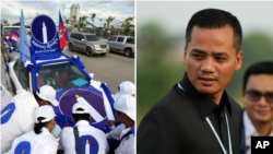 រូបផ្គុំមួយនេះ បង្ហាញសកម្មជនរបស់គណបក្សភ្លើងទៀន (ឆ្វេង) និងរដ្ឋមន្ត្រីក្រសួងមហាផ្ទៃ លោក ស សុខា។ 