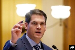 FILE - Georgia Lt. Gov. Geoff Duncan speaks from his desk on the floor of the Georgia State Senate, in Atlanta, Feb. 4, 2020.