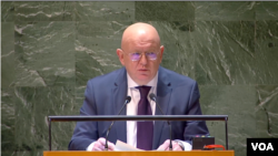 바실리 네벤자 유엔주재 러시아대사가 11일 유엔 총회 공개토의에서 발언하고 있다.