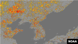 올해 3월 27일~4월 2일 주간의 한반도 가뭄 지수를 보여주는 미 해양대기청(NOAA)의 위성자료. '심각'을 나타내는 검붉은색 점을 북한 곳곳에서 볼 수 있다. 자료=NOAA