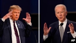 FILE - This combination of photos show President Donald Trump, left, and former Vice President Joe Biden during the first presidential debate in Cleveland, Sept. 29, 2020.