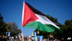Seorang pengunjuk rasa mengibarkan bendera nasional Palestina dalam aksi pro Palestina di kampus UCLA di Los Angeles, AS (foto: ilustrasi). 