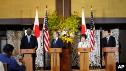 U.S. Defense Secretary Lloyd Austin, with Secretary of State Antony Blinken, speaks during a joint news conference with their counterparts, Japanese Foreign Minister Yoko Kamikawa and Defense Minister Minoru Kihara, in Tokyo, July 28, 2024. 