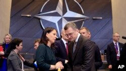 在布鲁塞尔北约总部举行的北约-乌克兰理事会会议上，德国外长安娜莱娜·贝尔博克（左）与乌克兰外长德米特罗·库莱巴交谈。 (2024年4月4日）