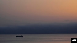 FILE - A cargo ship, one of three ships loaded with canned food destined to Gaza, anchored after returning to the Cypriot port of Larnaca, Cyprus, April 4, 2024.
