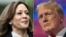 This combination of pictures shows U.S. Vice President Kamala Harris on the South Lawn of the White House on July 22, 2024 and former U.S. president and 2024 Republican presidential candidate Donald Trump in Milwaukee, Wisconsin, on July 18, 2024.