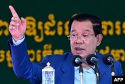 FILE - Cambodia's Prime Minister Hun Sen speaks during the inauguration ceremony of the Bakheng-1 water treatment plant in Phnom Penh on June 19, 2023.