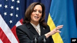 U.S. Vice President Kamala Harris speaks during a joint press conference with Ukrainian President Volodymyr Zelenskyy, not pictured, at the Munich Security Conference in Munich, Germany, Feb. 17, 2024. Harris will represent the U.S. at the upcoming Ukraine peace summit.