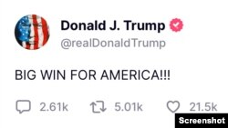 Objava bivšeg predsednika SAD Donalda Trampa na mreži Truth Social (screenshot)