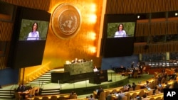 2023年2月23日，星期四，在联合国总部，德国外交部长安娜莱娜·贝尔伯克在联合国大会上发表讲话，表决通过一项维护乌克兰领土完整并呼吁俄罗斯入侵后停止敌对行动的联合国决议。