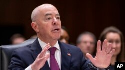 FILE - Homeland Security Secretary Alejandro Mayorkas testifies during a hearing on Capitol Hill in Washington, Nov. 8, 2023. 