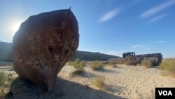 The site of the former port in Muynak, Karakalpakstan, Uzbekistan, is now an open-air museum — a ship graveyard of forlorn fishing vessels, Sept 12, 2022.
