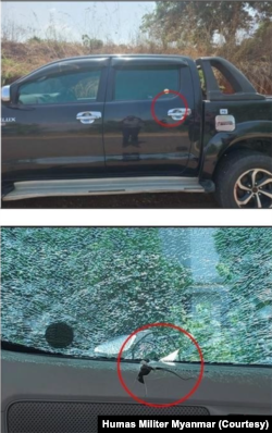 Jendela kendaraan aparat tampak rusak. Militer menyalahkan kelompok bersenjata teroris di balik insiden tersebut. (Foto: Courtesy)