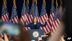 Vice President Kamala Harris campaigns for president at an event at West Allis Central High School, in West Allis, Wisconsin, July 23, 2024.