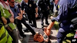 Seorang demonstran Universitas Southern California ditahan oleh petugas keamanan selama aksi protes pro-Palestina di Taman Alumni kampus di Los Angeles, California, Rabu 24 April 2024.