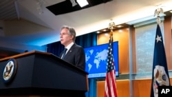 រដ្ឋមន្ត្រី​ការបរទេស​សហរដ្ឋ​អាមេរិក​លោក Antony Blinken ថ្លែង​ក្នុង​សន្និសីទ​សារព័ត៌មាន​នៅ​ក្រសួង​ការបរទេស​សហរដ្ឋ​អាមេរិក នៅក្នុង​រដ្ឋធានី​វ៉ាស៊ីនតោន នៅ​ថ្ងៃអង្គារ ទី១៥ ខែសីហា ឆ្នាំ២០២៣។